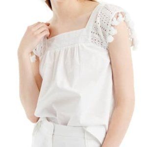 J. CREW Eyelet Top with Pom Pom Trim
